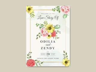 Elegant sunflower and rose watercolor wedding invitation template