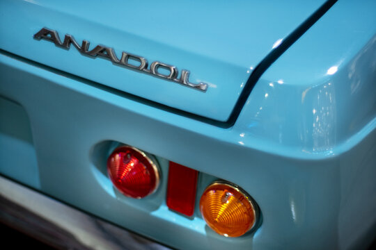 Close up shot of taillights of Anadol brand A1 model and Made in Turkey between 1966-1975 car. Editorial product studio shot in Izmir Turkey.