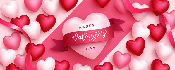 Valentine hearts vector background design. Happy valentine's day greeting text with pink hearts and lasso romantic elements for love celebration decoration. Vector illustration.

