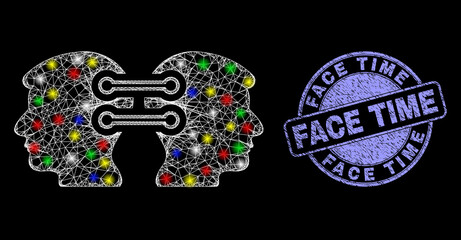 Glossy polygonal mesh web head links integration icon with glitter effect on a black background, and Face Time unclean seal. Illuminated vector constellation created from head links integration icon, © Evgeny