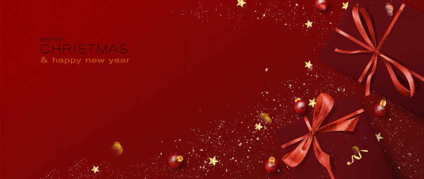Christmas and New Year red background with gift boxes, decorative balls and gold tinsel. Festive banner for web, print, poster decoration