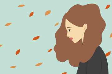 Profile of a woman with a depressed look. vector flat illustration.