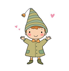 Cute little gnome. Fairytale character. Funny boy in winter clothes. cartoon baby. Vector