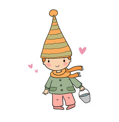 Cute little gnome. Fairytale character. Funny boy in winter clothes. cartoon baby. Vector
