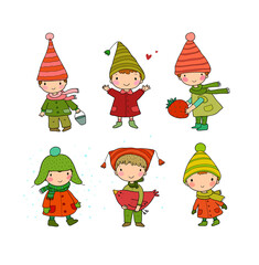 Cute cartoon gnomes . Forest elves. Little fairies. Little cheerful boys in winter hats.