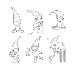 Cute cartoon gnomes . Forest elves. Little fairies. Little cheerful boys in winter hats. - 469021035