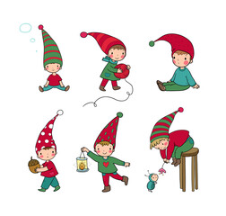 Cute cartoon gnomes . Forest elves. Little fairies. Little cheerful boys in winter hats. - 469021041