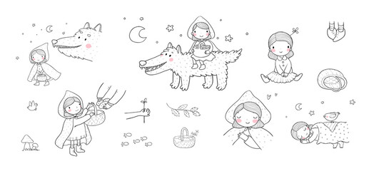 Little Red Riding Hood fairy tale. Little cute girl and big wolf. Hand drawing isolated objects on white background. Vector