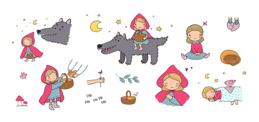 Little Red Riding Hood fairy tale. Little cute girl and big wolf. Hand drawing isolated objects on white background. Vector - 469021067