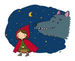 Little Red Riding Hood fairy tale. Little cute girl and big wolf. Hand drawing isolated objects on white background. Vector - 469021088