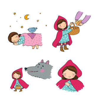 Little Red Riding Hood fairy tale. Little cute girl and big wolf. Hand drawing isolated objects on white background. Vector