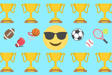 sports pattern with trophy,soccer ball,tennis racket,baseball,basketball,football,boxing glove and cool face emoji on light blue background,vector illustration
