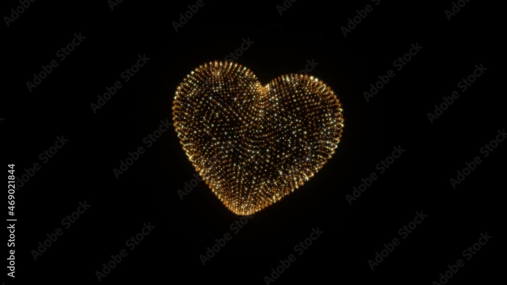 Poster abstract animation 3d heart of golden blinking glow on black background. 4k 3d seamless loop for rom