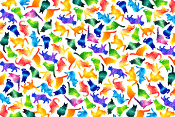 猫シルエットのカラフルな背景素材　手描き色鉛筆イラスト