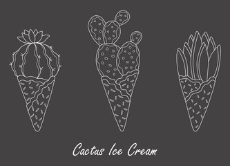 Set of cacti ice cream in a waffle cone. Vector collection of cactuses with white outline isolated on a black background.