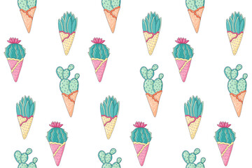Bright Cactus Ice Cream in a waffle cone seamless pattern. Cacti outline style vector illustration.