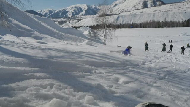 Man wearing deel on ancient fur ski skiing fast down hill, falling at the bottom. Hemu Village, Xinjiang, China.