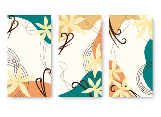 Set of card templates with abstract spots and vanilla flowers. Vector illustration. For cafes and restaurants, menus, logos, postcards and flyers, packaging, coffee shops, prints, social media design.