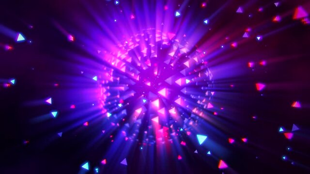 Neon disco ball with fly purple glitters, motion abstract business, corporate and disco style background