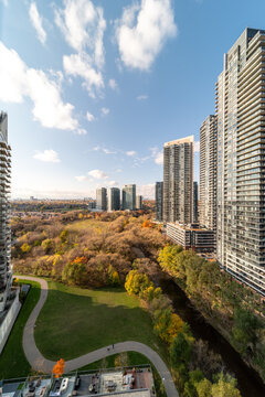 Wide architectural streetscape of condominium towers, apartment buildings, and local roads in the Mimico neighborhood of South Etobicoke