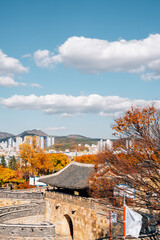 View of Hwaseong fortress Hwaseomun Gate at autumn in Suwon, Korea