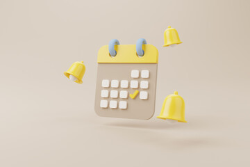 Yellow notification bell ringing and calendar deadline on brown background. 3d rendering illustration - obrazy, fototapety, plakaty