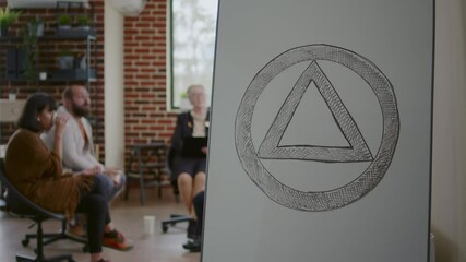 People meeting at aa support group therapy with sign on white board to cure alcohol addiction. Therapist and patients doing rehab session to discuss mental health problems for recovery