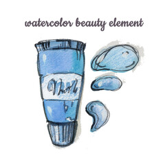 Watercolor makeup blue tube on white background. fashion illustration