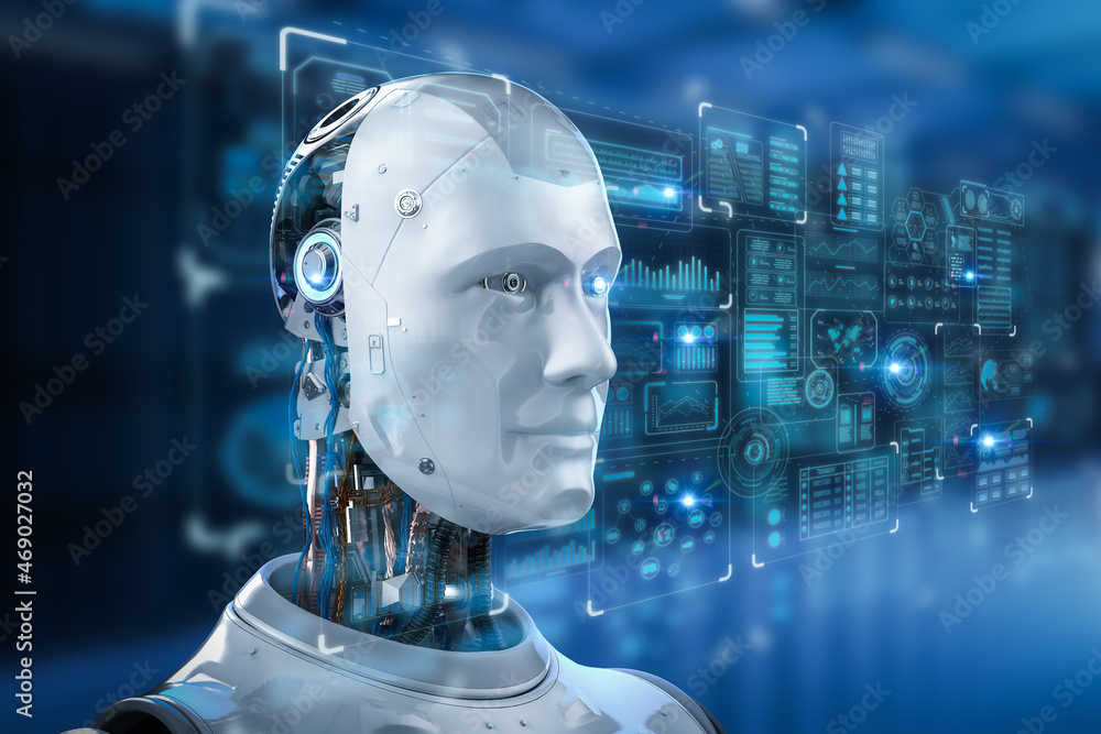 Poster artificial intelligence robot or cyborg with graphic display