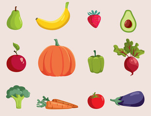 Set of Vector Fruits and Vegetables Vector Cartoon