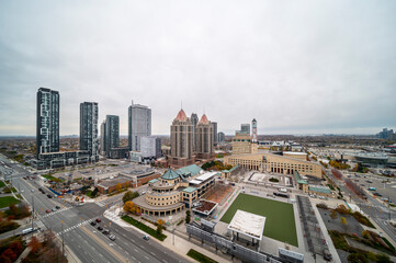 Mississauga skyline condos and town hall with clock tower 