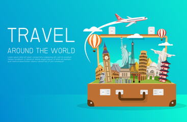 Open suitcase with landmarks. world bag and attraction. travel around the world. Road trip. Tourism and vacation. vector illustration in flat style modern design. © Yellow duck