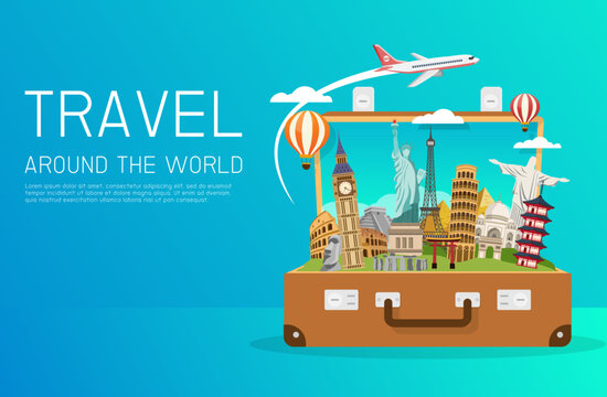 Open suitcase with landmarks. world bag and attraction. travel around the world. Road trip. Tourism and vacation. vector illustration in flat style modern design.