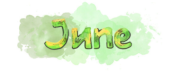 Multicolor Watercolor lettering June month with blot on white background. Summer green and yellow color