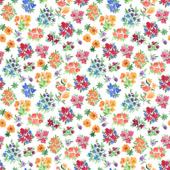 Watercolor painting seamless pattern with summer tiny flowers, on white background