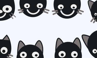 pink black cat illustration smiling face on white background.  Brochures, cards, brochures