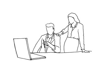 An interesting discussion between two employees of a company, at a desk, with a laptop, pen in hand, and pointing to a monitor. vector draw graphic design illustration sketch