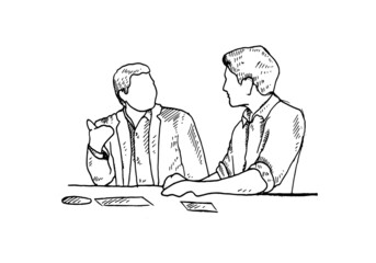 The two friends were having a casual discussion at a cafe, while waiting for the dishes to arrive. vector draw graphic design illustration sketch