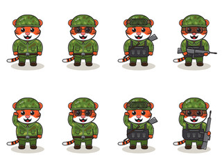Obraz premium Cute Tiger Army cartoon. Set of Animal soldiers. flat animal cartoon character design. Soldiers Isolated vector illustration.