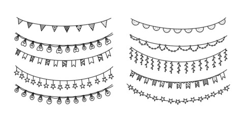 Garlands with flags, bulbs and stars for carnival or celebration. Set of decor garlands isolated on white background. Vector illustration in doodle style