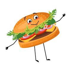 Cute character hamburger with happy emotions, face, smile, eyes, arms and legs. Cheerful fast food person, sandwich with joyful expression. Vector flat illustration of products and meat meals