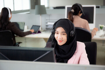 Customer service with friendly, woman call center and operator for support client, group of...