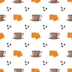 Seamless pattern with cup, saucer, coffee beans and waffle. Print with mug and sweet pastries for cafe, textile and design. Vector flat illustration