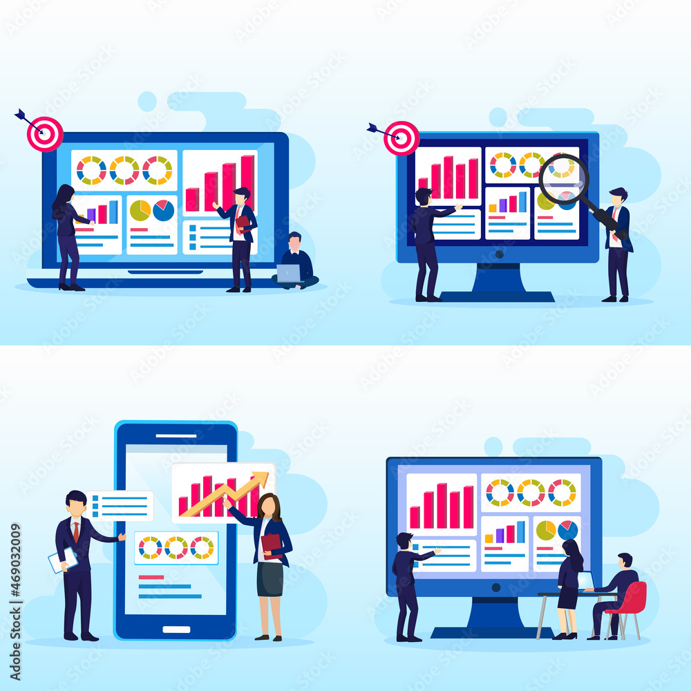 Poster set bundle modern flat design of data analysis concept, people work in front of a big screen. auditi