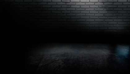 Empty concrete floor and white brick wall  backgrounds, Dark room, use for display products.