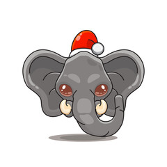 cute elephant wearing christmas hat, cute animal head wearing santa hat, cartoon character in kawaii and glossy style