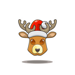 cute reindeer wearing christmas hat, cute animal head wearing santa hat, cartoon character in kawaii and glossy style