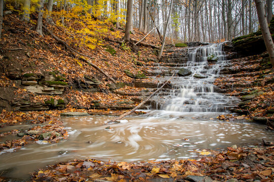 Scout Falls Lower, A Waterfall Near St. Catherines, Ontario, Cascades Down A Small Cliff Into A Pool Of Water In A Valley In Short Hills Provincial Park.