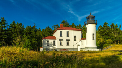 Fototapeta na wymiar Lighthouse in Fort Casey Historical State Park is located on Whidbey Island, Washington
