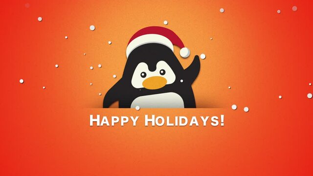 Happy Holidays with funny penguin waving, motion holidays and winter style background for New Year and Merry Christmas